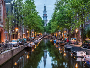 Amsterdam City, Illuminated Building and Canal at night, Netherl